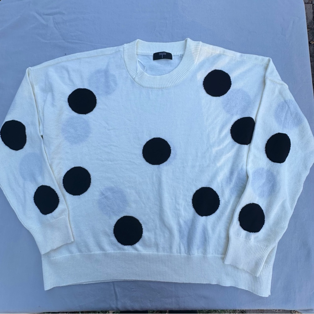 Tahari Cream Black Polka Dot Sweater XL Chic Crewneck - Picture 3 of 12